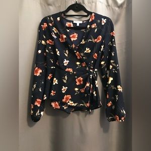 Monteau long sleeve blue floral print peplum blouse size M